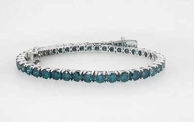 Brazalete tenis oro blanco macizo 14K diamantes redondos azules 5ctw Foto 1 de 4