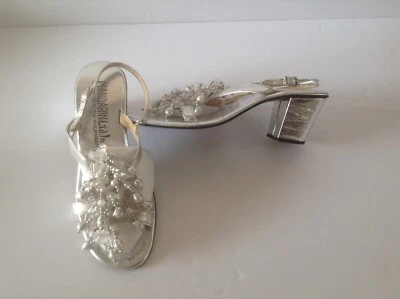 SANDALIAS PLATEADAS VINTAGE PARA MUJER CON CUENTAS CRISRALES TACÓN 3" TALLA 7 Foto 1 de 4