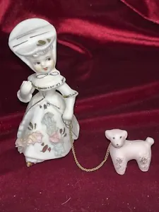 Vintage Lady With Bonnet Walking her Pink Poodle Figurine - Picture 1 of 5