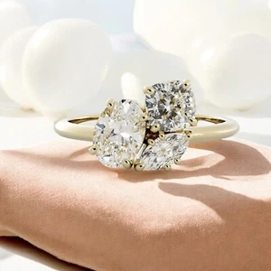 GIA Certificato 1,70 Cts Cuscino Ovale Marquise Diamanti 3-Pietra Anello 18K Oro - Foto 1 di 4