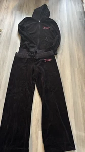 Juicy Couture Tracksuit Matching Set Jacket Pants Velour Black Y2K Sz Large - Picture 1 of 16