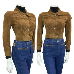 VTG 60S 70S BROWN SUEDE SILVER POPPER BUTTON CROPPED BOHO BEAGLE COLLAR JACKET 4 - Picture 1 of 9