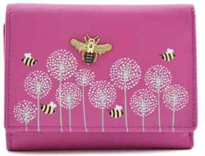 Mala Leather MoonFlower Pink Bee Tri Fold Small Purse RFID Protection Dust Bag - Picture 1 of 4