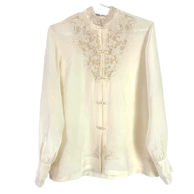 复古 50 年代玉灯霜蕾丝长袖纽扣衬衫尺寸 38 色 — 第 1/4 张图片