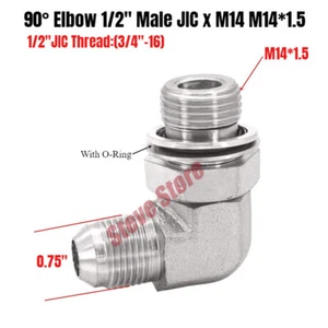 Hydraulic Fitting 90° Elbow 1/2"(3/4"-16) Male JIC x M14 M14*1.5 Male O-Ring - Picture 1 of 3