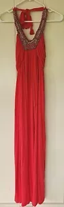 Bailey Blue--Women's Maxi Dress Orange Ruched Halter w Wood Beading Sz S Stretch - Picture 1 of 7