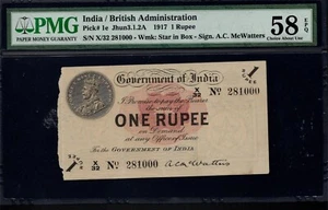 India (British)  One Rupee note - 1917 (Gorge V)  PMG 58 Choice AU EPQ - Picture 1 of 2