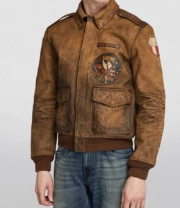 Polo Ralph Lauren giacca aviatore in pelle volo biker marrone da uomo taglia small NUOVA - Foto 1 di 14