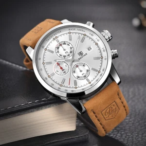 Benyar Herrenuhr Chronograph Zifferblatt Wasserdicht Quarz Armbanduhr Lederarmband - Bild 1 von 19