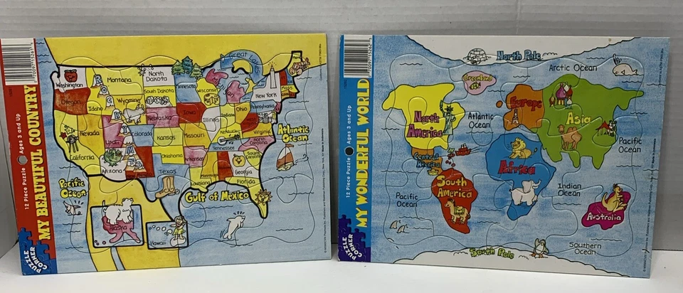 Puzzle Corner Set Of 2 Map Frame Tray Puzzles United States Continents  - Image 1 of 3