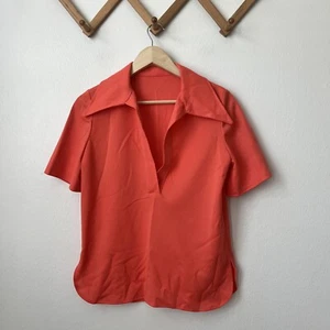 Vtg orange stretch knit short sleeve pullover womens mod top wing tip collar M - Picture 1 of 8
