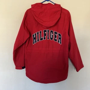 Vintage Tommy Hilfiger Regenjacke Damen XL rot Kapuze gefüttert Full Zip Mantel Y2K - Bild 1 von 5