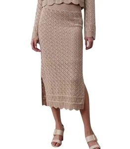 LC Lauren Conrad Mujer Pequeña Pointelle Midi Suéter Falda Beige Tejido Brillante - Imagen 1 de 12