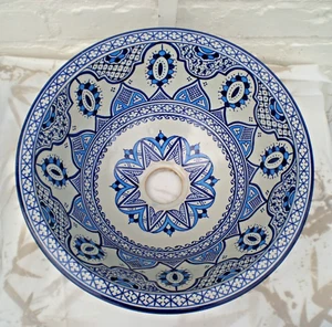 HAND PAINTED CERAMIC HAND WASH BASIN * FES POTTERY * Blue & White * 35 cm - Picture 1 of 6