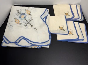 Vintage Hand Embroidered Linen Tablecloth and 7 Napkins Set Yellow & Blue Flower - Picture 1 of 10