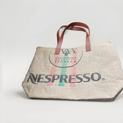 Nuevo Bolso de Mano Nespresso Yute Shopper Asas de Cuero Sintético 19"x14" Arpillera Foto 1 de 3