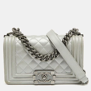 Chanel Grey Quilted Leather Mini Boy Flap Bag - Picture 1 of 10