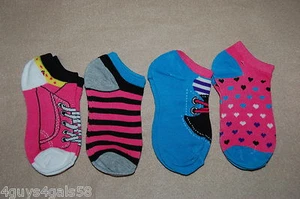 GIRLS SOCKS 4 Pr Lot MULTI COLOR Stripes TENNIS SHOES Fits Shoe Size 7-3 HEART - Picture 1 of 1