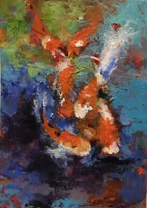 ACEO ATC Fine Art Print Acrylic Koi Fish Lily Pond “Adaptable I” Free Shipping - Picture 1 of 2