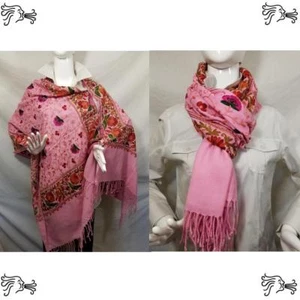 Pretty in Pink Embroidered Kashmir 100% Wool Scarf Poncho Wrap Tassels Pashmina - Picture 1 of 6