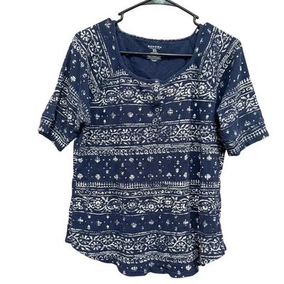 Sonoma Women's XL Navy Blue White Print Short Sleeve Top Blouse Shirt - Image 1 of 4
