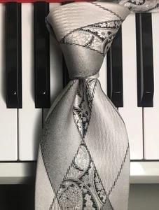 STEVEN LAND / Awesome Argyle & Posh Paisley in Soothing Shades of Gray Silk Tie - Picture 1 of 10