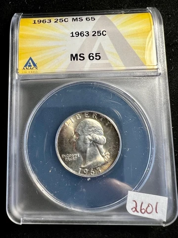1963 Washington Quarter 25c ANACS 2023 Graded MS 65 MS65 Gorgeous TONING 2601 Cover