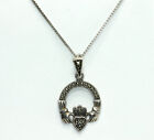 Vintage Sterling Silver Marcasite Claddagh Pendant Box Chain Necklace 16 inch