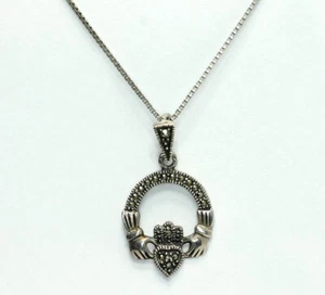 Vintage Sterlingsilber Markasit Claddagh Anhänger Box Kette Halskette 16 Zoll - Bild 1 von 5