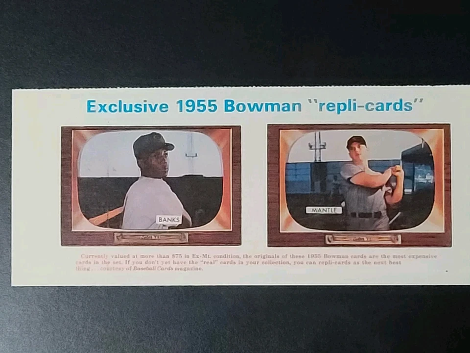 1985 BBC Magazine Inserir Painel de Cartão MICKEY MANTLE/ERNIE BANKS 1955 Bowman RP Mt - Imagem 1 de 4