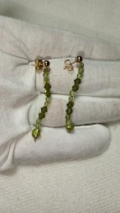 14k Yellow Gold Green Peridot Pearl Crystal Post Stud Dangle Beaded Earrings - Picture 1 of 8