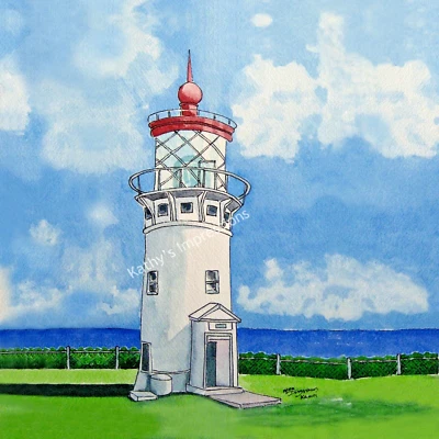 Kilauea LIGHTHOUSE Fabric Panel Hawaii Quilt Block Kauai Tropical Blue Sky Ocean - Image 1 of 4