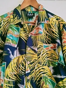 K.A.D. Clothing Co Vtg Mens M Hawaiian Camp Shirt Blue Green pics of postcards - Picture 1 of 7