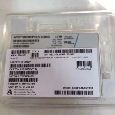 1TB Intel SSD P4510 Series DC U.2 SSDPE2KX010T8 VDV10131 2.5" NVMe/PCle sSD 1.0T - Image 1 of 4