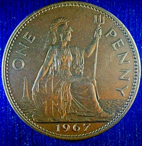 WORLD COIN SALE-1967 U.K. ONE PENNY BRONZE COMPOSITION COIN-KM#897 - Picture 1 of 3