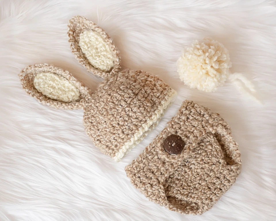 Handmade Crochet Bunny Baby Newborn Size Hat and Diaper Cover Baby Shower Gift - Image 1 of 2