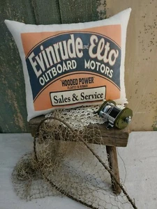 ALMOHADA PUBLICITARIA DE COLECCIÓN EVINRUDE ELTO BARCO PESCA A MOTOR LAGO CABAÑA CABAÑA - Imagen 1 de 8