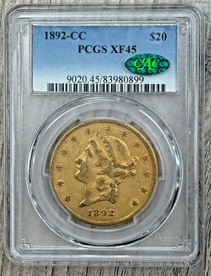 1892 CC Liberty Doble Águila Tipo 3 $20 PCGS XF 45 CAC Baja De Colección Fecha Clave Dorado Foto 1 de 4