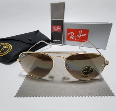 New Ray-Ban RB3025 Aviator Sunglasses Gold Frame Glass Gradient Brown Lens 58mm - Image 1 of 4