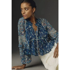 Anthropologie Sheer Babydoll Blouse Blue Floral Size M Festival Boho Hippie NEW - Picture 1 of 11