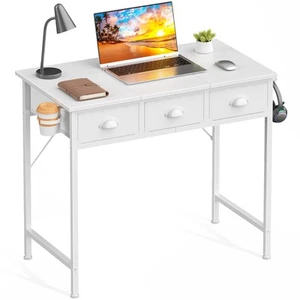 32" Small White Computer Desk with 3 Fabric Drawers, Home Office Desk with Cu... - Picture 1 of 8