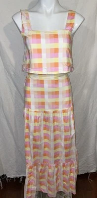 Buddylove Conjunto Falda Cuadros Amarillo Rosa XS Top Corto Falda en Niveles Piscina Verano Diversión Foto 1 de 4