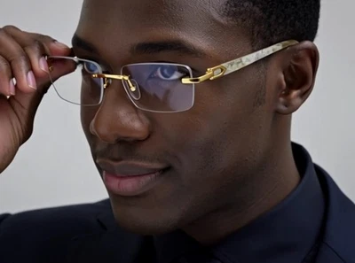 Gafas de lente transparentes retro vintage de hip hop con marco dorado de madera sin montura para hombre Foto 1 de 4