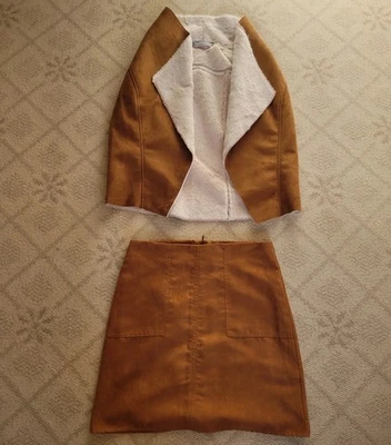 Womens Brown & Cream Faux Suede Jacket & Skirt Suit Jacket 12 Skirt 10 DP - Image 1 of 4