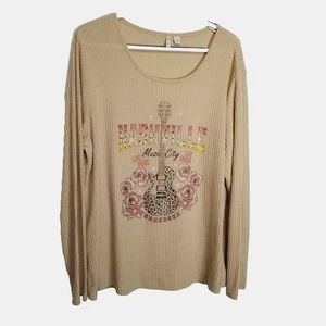 Cato Top Women's XL Waffle Knit Nashville Music City Beaded Animal Print Beige - Picture 1 of 8