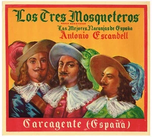 ORIGINAL ORANGE VINTAGE CRATE LABEL SPANISH C1940S SPAIN THREE MUSKETEERS - Picture 1 of 1