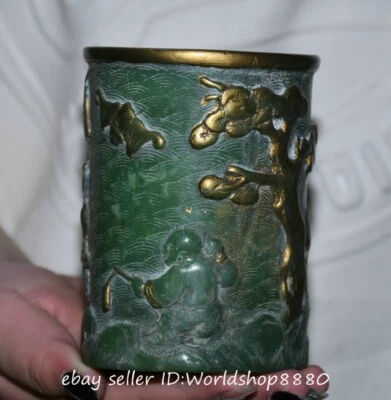Jarrón lápiz maceta cepillo niño pino dorado jade verde chino antiguo de 4,2" Foto 1 de 4