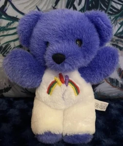 PMS VINTAGE 8 Zoll lila weiß Plüschbär bestickt Regenbogen & Luftballons super selten - Bild 1 von 10