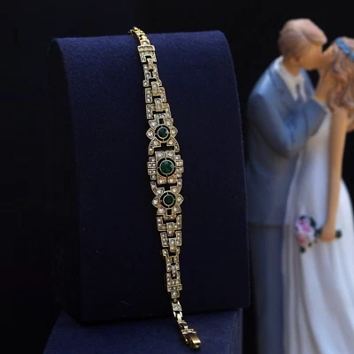 Armband Golden Kunst Deko Blumen- Fein Zarte Gepflastert Strass Weiß Smaragdgrün - Bild 1 von 4