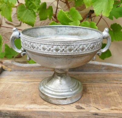 Amphore Pokal Blumentopf Pflanztopf Pflanzschale Ornament Vintage silber 18 cm Ø - Bild 1 von 2